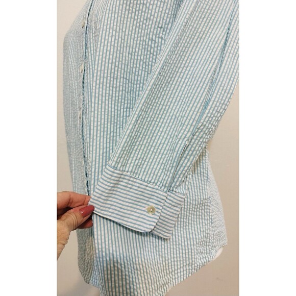 LL Bean Women Size M Teal/White Striped Seersucker Button Up Shirt Blouse - Picture 5 of 13